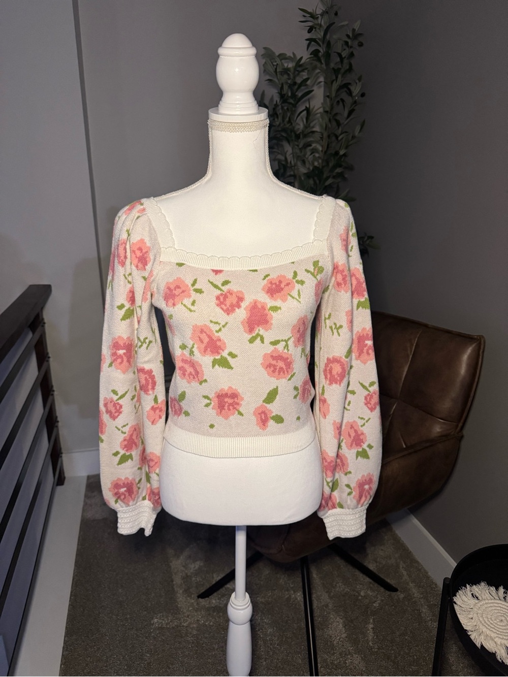Floral Square-Neck Knit Sweater Top - Pink Roses